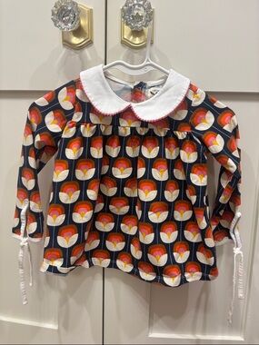 The oaks: Floral Retro-Print Long Sleeve Top with White Peter Pan Collar